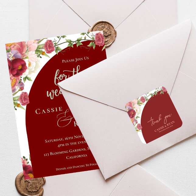 Romantic Peach Floral Red Arch Wedding Thank you Square Sticker (Romantic Peach Floral Red Arch Wedding Thank you Square Sticker)