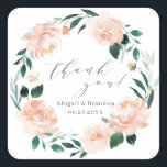 Romantic peach floral thank you wedding square sticker<br><div class="desc">Romantic watercolor floral in peach and green,  with trendy thank you script,  elegant and romantic,  great for modern wedding,  romantic wedding,  and botanical garden wedding in spring,  summer and fall.
See all the matching pieces in collection.</div>