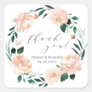Romantic peach floral thank you wedding square sticker