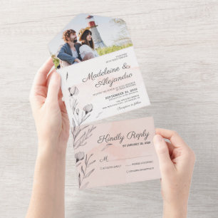 Romantic peach & grey floral elegant wedding all in one invitation