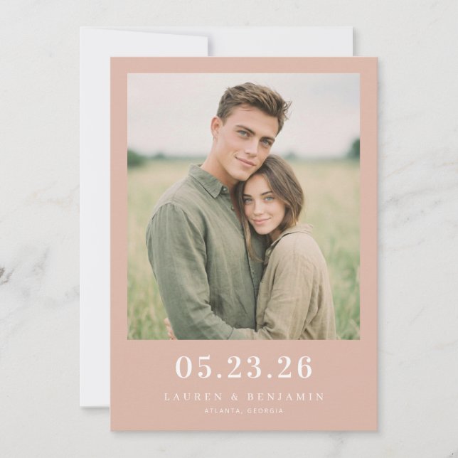 Romantic Peach Minimalist Photo Save The Date (Front)