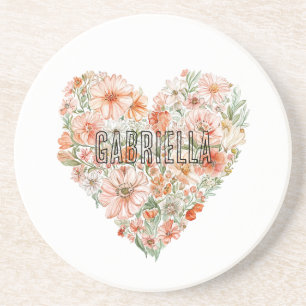 Romantic Peach Mint Floral Heart Coaster