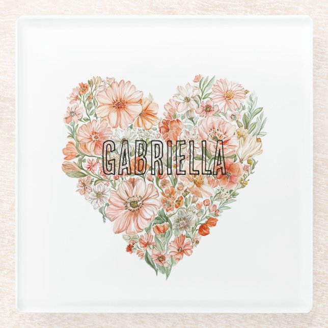 Romantic Peach Mint Floral Heart Glass Coaster (Front)