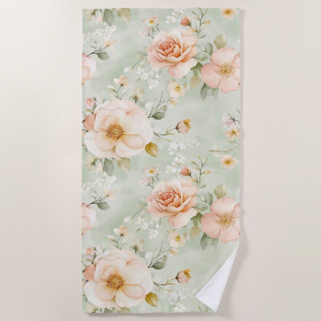 Romantic Peach Mint Pretty Roses Floral  Beach Towel (Front)