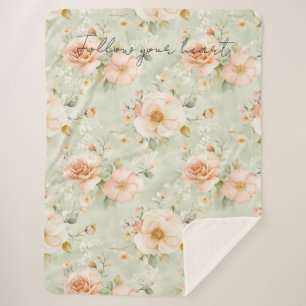 Romantic Peach Mint Pretty Roses Floral Sherpa Blanket