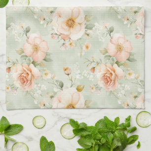 Romantic Peach Mint Pretty Roses Floral Tea Towel