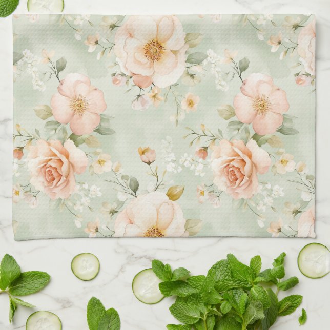 Romantic Peach Mint Pretty Roses Floral Tea Towel (Folded)