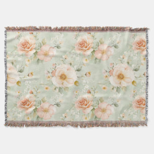 Romantic Peach Mint Pretty Roses Floral Throw Blanket