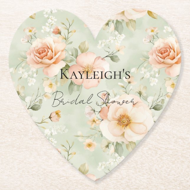 Romantic Peach Mint Roses Floral Bridal Shower Paper Coaster (Front)