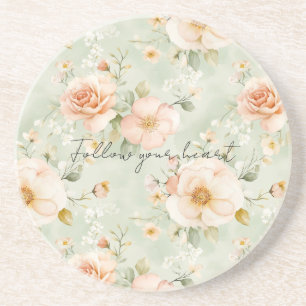Romantic Peach Mint Roses Floral Coaster