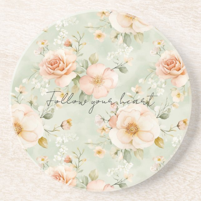 Romantic Peach Mint Roses Floral Coaster (Front)