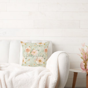Romantic Peach Mint Roses Floral Cushion