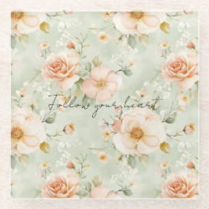 Romantic Peach Mint Roses Floral Glass Coaster