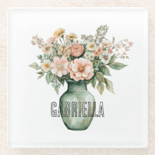 Romantic Peach Mint Roses Floral Vase Glass Coaster