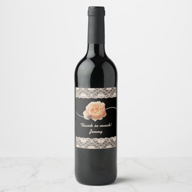 Romantic Peach Rose with Faux Lace on Black Wine L Label (Front)