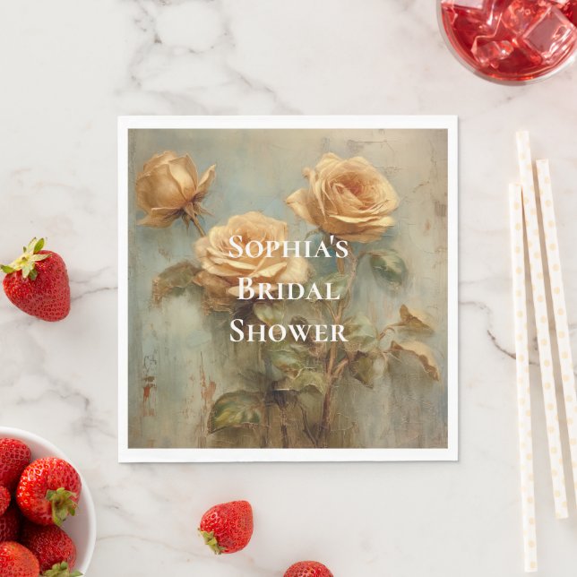 Romantic Peach Roses Floral Bridal Shower Napkin (Insitu)