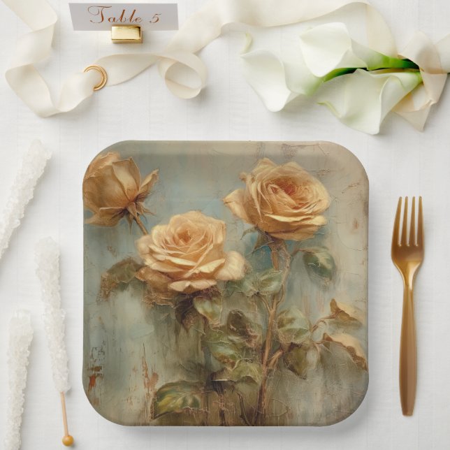 Romantic Peach Roses Floral Bridal Shower Paper Plate (Wedding)