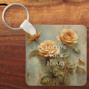 Romantic Peach Roses Floral  Key Ring