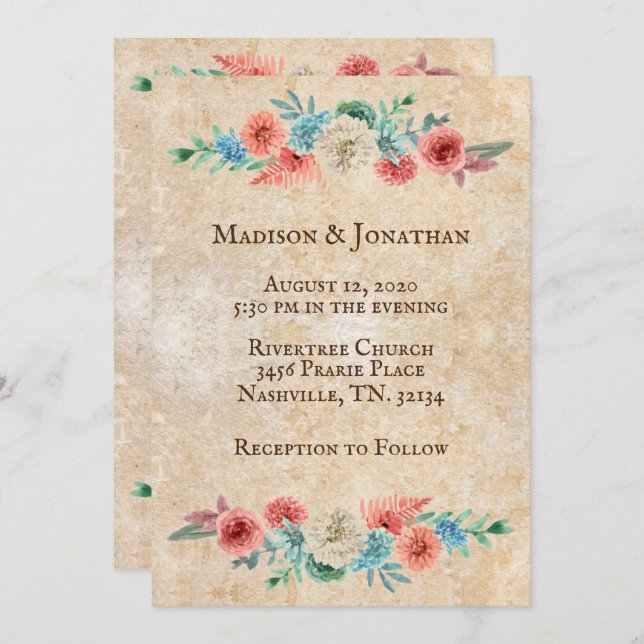 Romantic Peach | Turquoise Floral Wedding Invitation (Front/Back)
