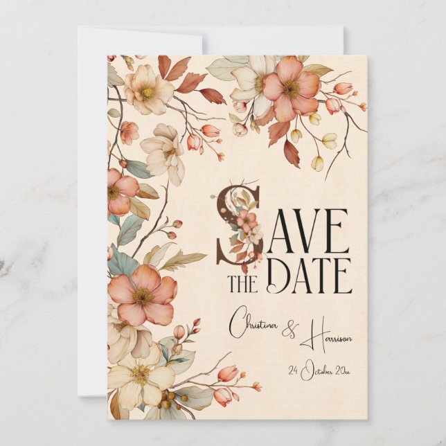 Romantic Peach Watercolor Floral Safe the Date Invitation (Front)