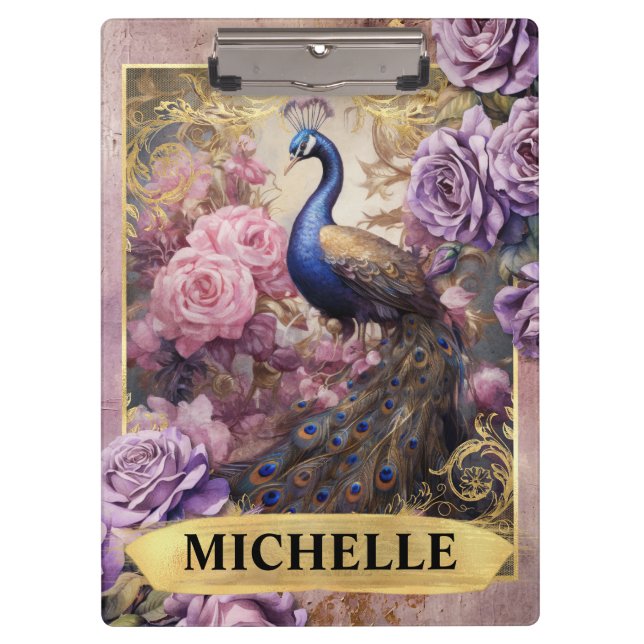 Romantic Peacock and Purple Roses Fantasy Clipboard (Front)
