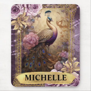 Romantic Peacock and Purple Roses Fantasy Mouse Pad