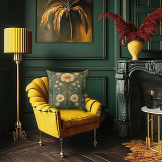 Romantic Peacock Feathers and Daisy Art Nouveau Cushion