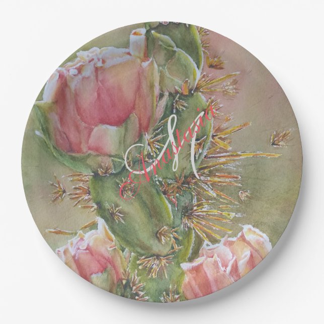 ROMANTIC PEAR CACTUS FLOWER MONOGRAM PARTY PAPER PLATE (Front)
