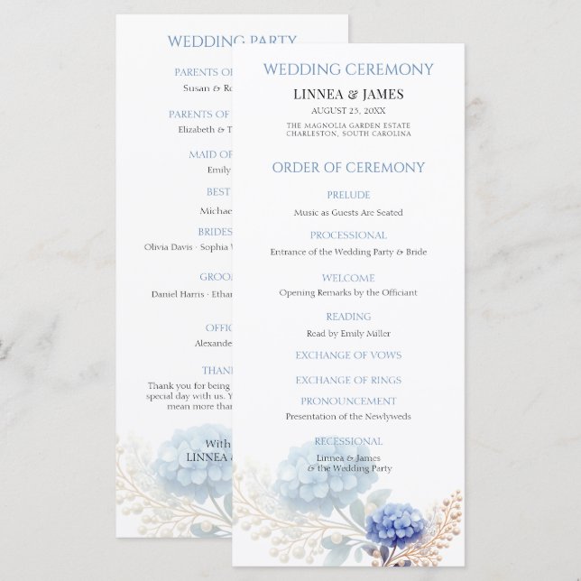 Romantic Pearl Blue Hydrangea Watercolor Wedding Program (Front/Back)
