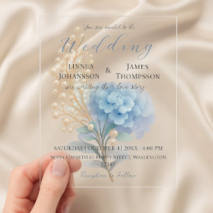 Romantic Pearl Hydrangea Blue Waterercolor Wedding Acrylic Invitations
