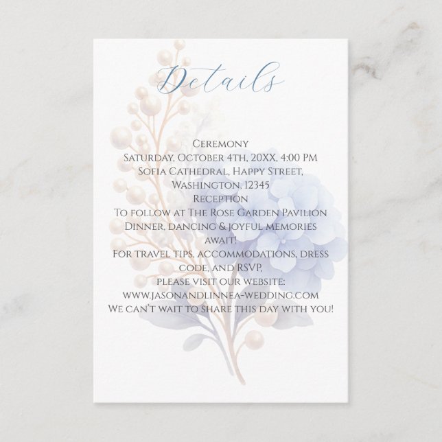 Romantic Pearl Hydrangea Blue Waterercolor Wedding Enclosure Card (Front)
