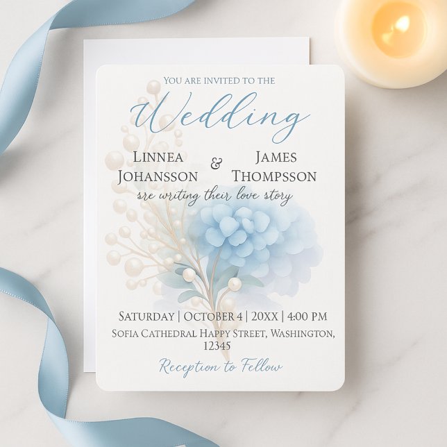 Romantic Pearl Hydrangea Blue Waterercolor Wedding Invitation (Creator Uploaded)