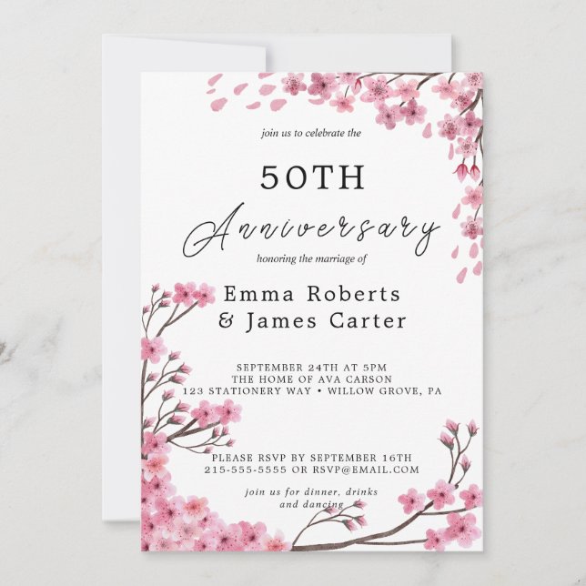 Romantic Peonies 50th Wedding Anniversary  Invitation (Front)