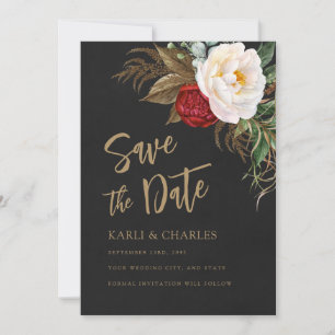Romantic Peonies Black & Gold Boho Script Save The Date