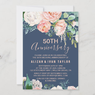 Romantic Peonies   Blue 50th Wedding Anniversary Invitation
