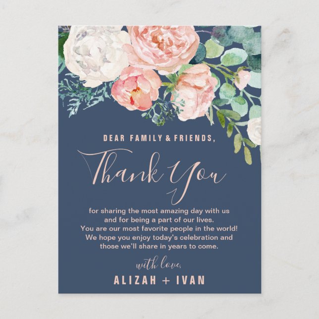 Romantic Peonies | Blue Thank You Reception Card (Front)