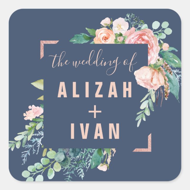 Romantic Peonies | Blue Wedding Envelope Seals (Front)