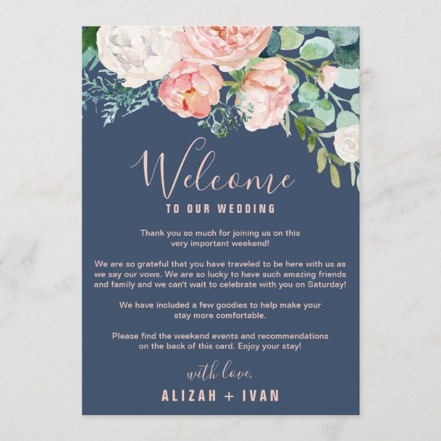 Romantic Peonies | Blue Welcome Letter & Itinerary Program (Front)