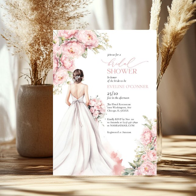 Romantic Peonies Blush Pink Bride Dress  Invitation (Romantic Peonies Blush Pink Bride Dress Invitation)