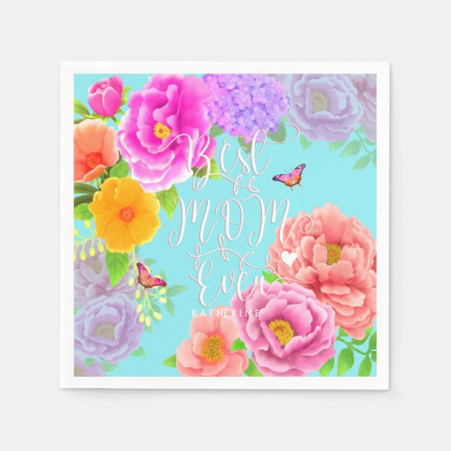 Romantic Peonies Garden Blue Best Mum Napkin (Front)
