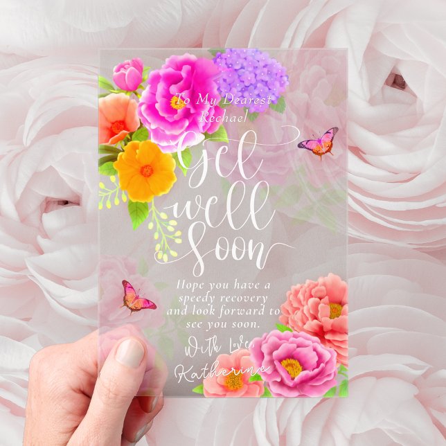Romantic Peonies Garden Get Well Soon Acrylic Invitations (Lovely Floral Peonies Flourishing Get Well Soon 
Card with Sentiments .)
