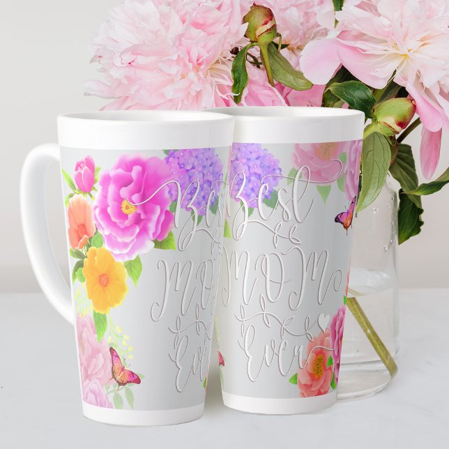 Romantic Peonies Garden Grey Best Mum Latte Mug (Romantic Peonies Best Mom Ever Latte Grey Mug.)