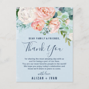 Romantic Peonies Light Blue Thank You Wedding Card