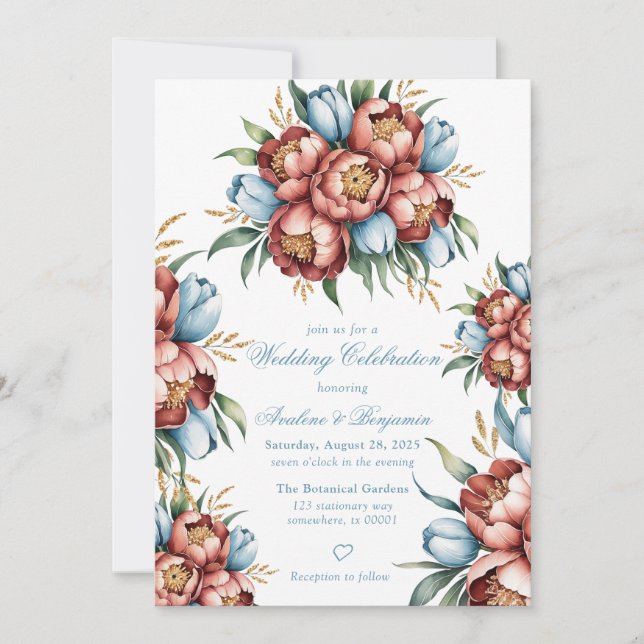 Romantic Peonies & Tulips Wedding Celebration Invitation (Front)