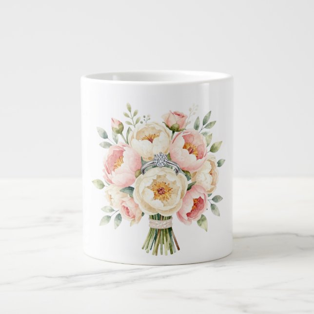 Romantic Peony Bouquet with Diamond Ring Large Coffee Mug (Front)