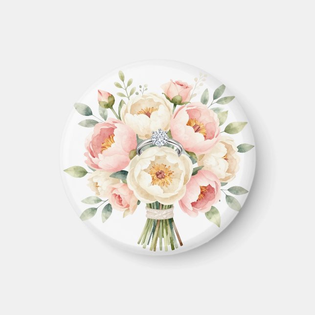 Romantic Peony Bouquet with Diamond Ring Magnet (Front)