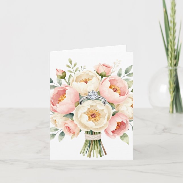Romantic Peony Bouquet with Diamond Ring Note Card (Front)