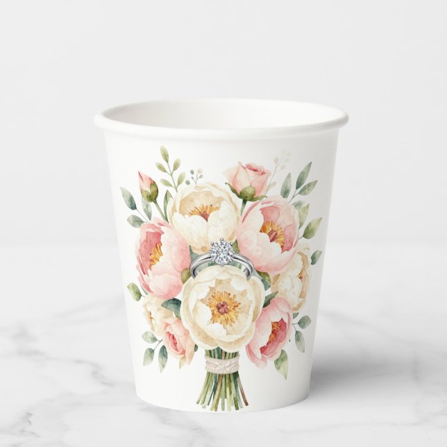Romantic Peony Bouquet with Diamond Ring Paper Cups (Front)