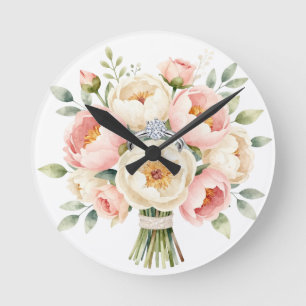 Romantic Peony Bouquet with Diamond Ring Round Clock