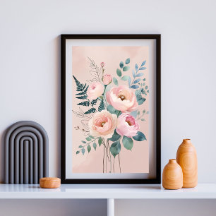 Romantic Peony & Fern Watercolor Wall Art I
